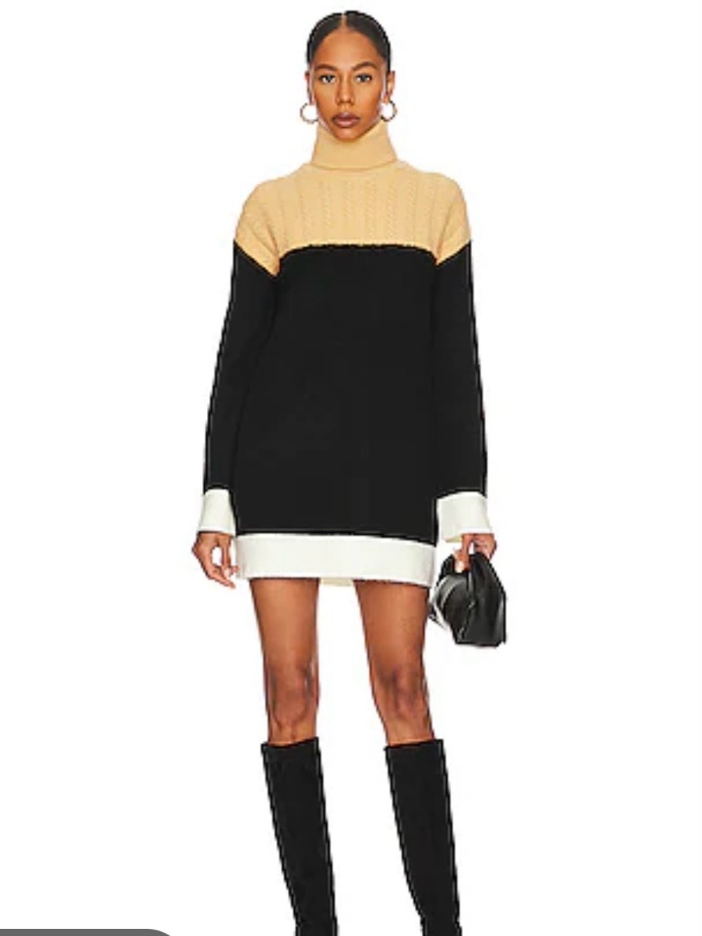 Lovers + Friends Cable Yoke Colorblock Turtleneck in Camel, Black & White